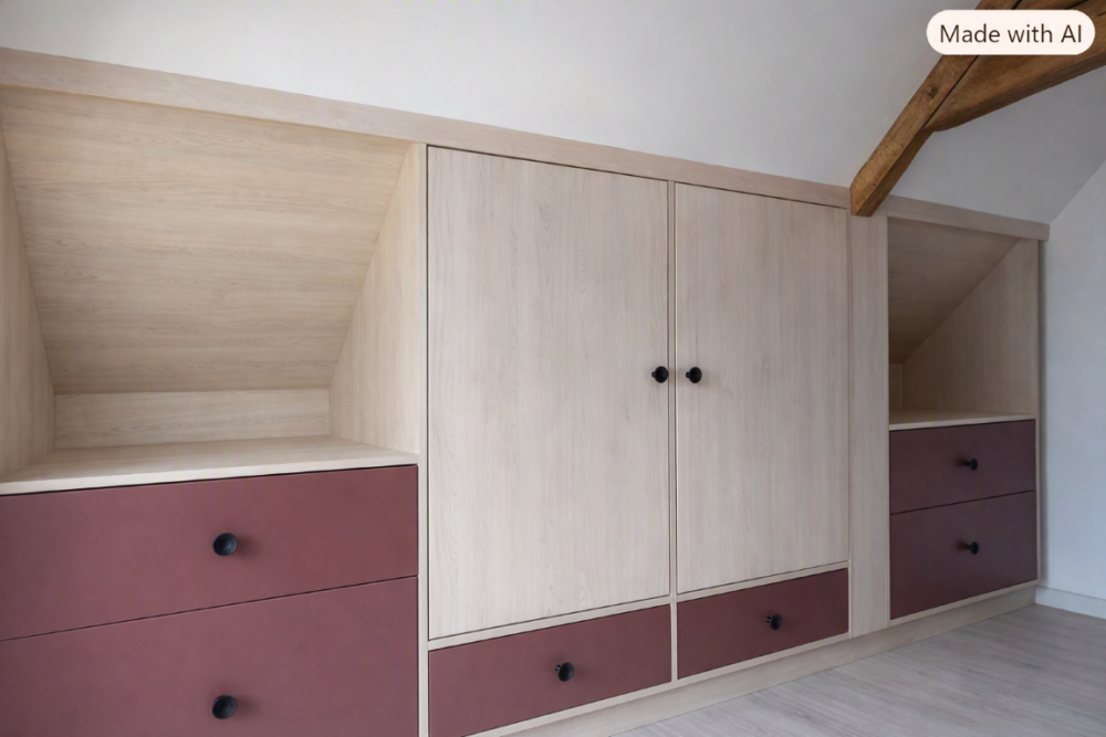 Placard sur mesure sous pente, tiroirs profondeur 0.75 m
